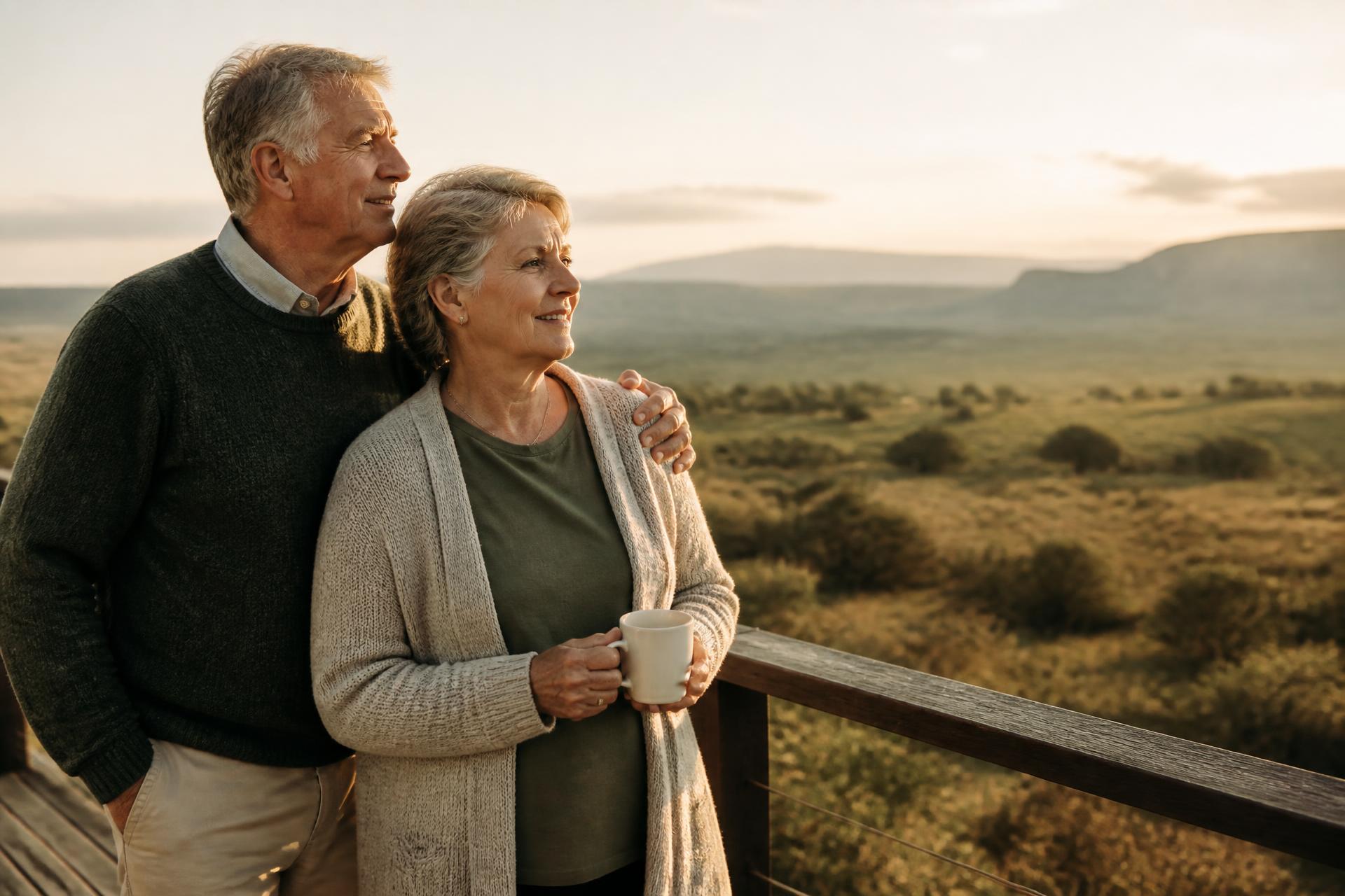 A couple in their sixties looking out over an open landscape at sunrise