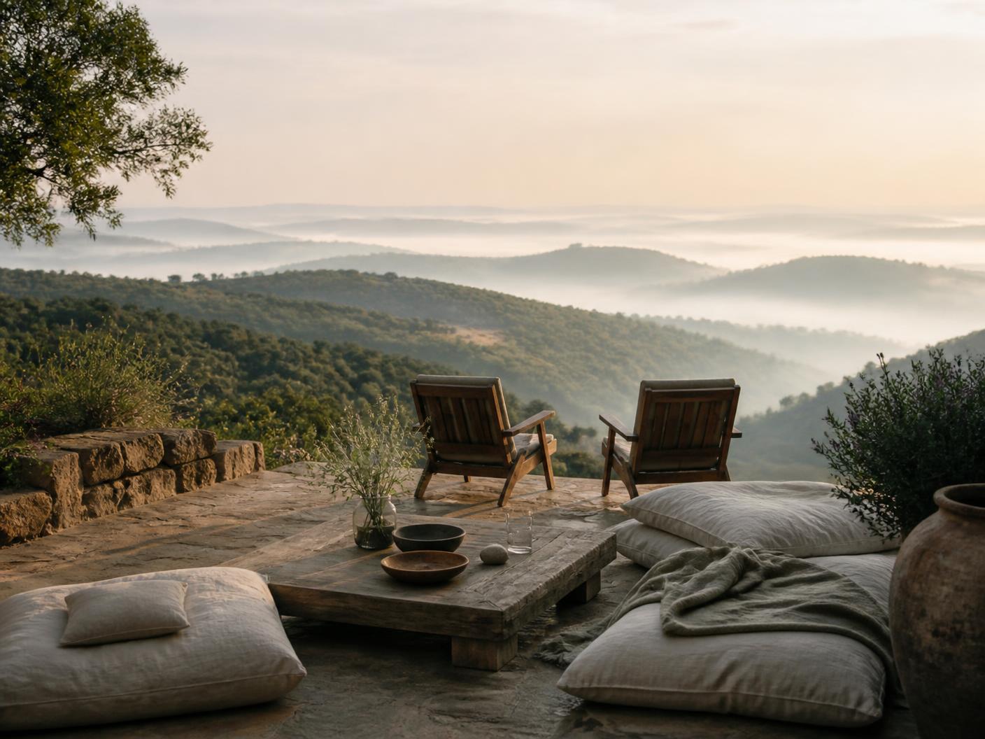 A quiet retreat terrace with two chairs overlooking misty green hills at dawn