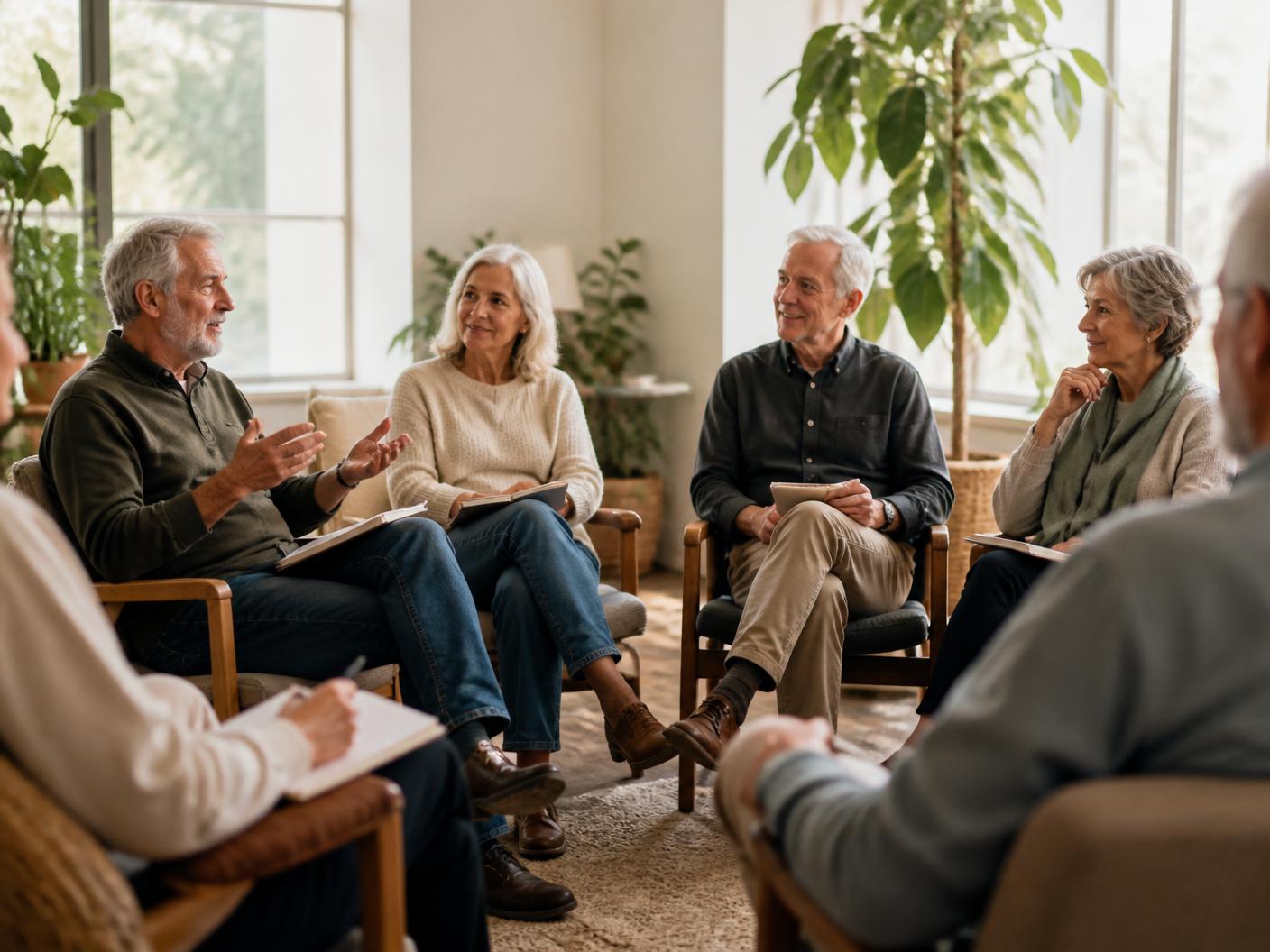 A small group of adults in conversation during a What Now? Workshop session